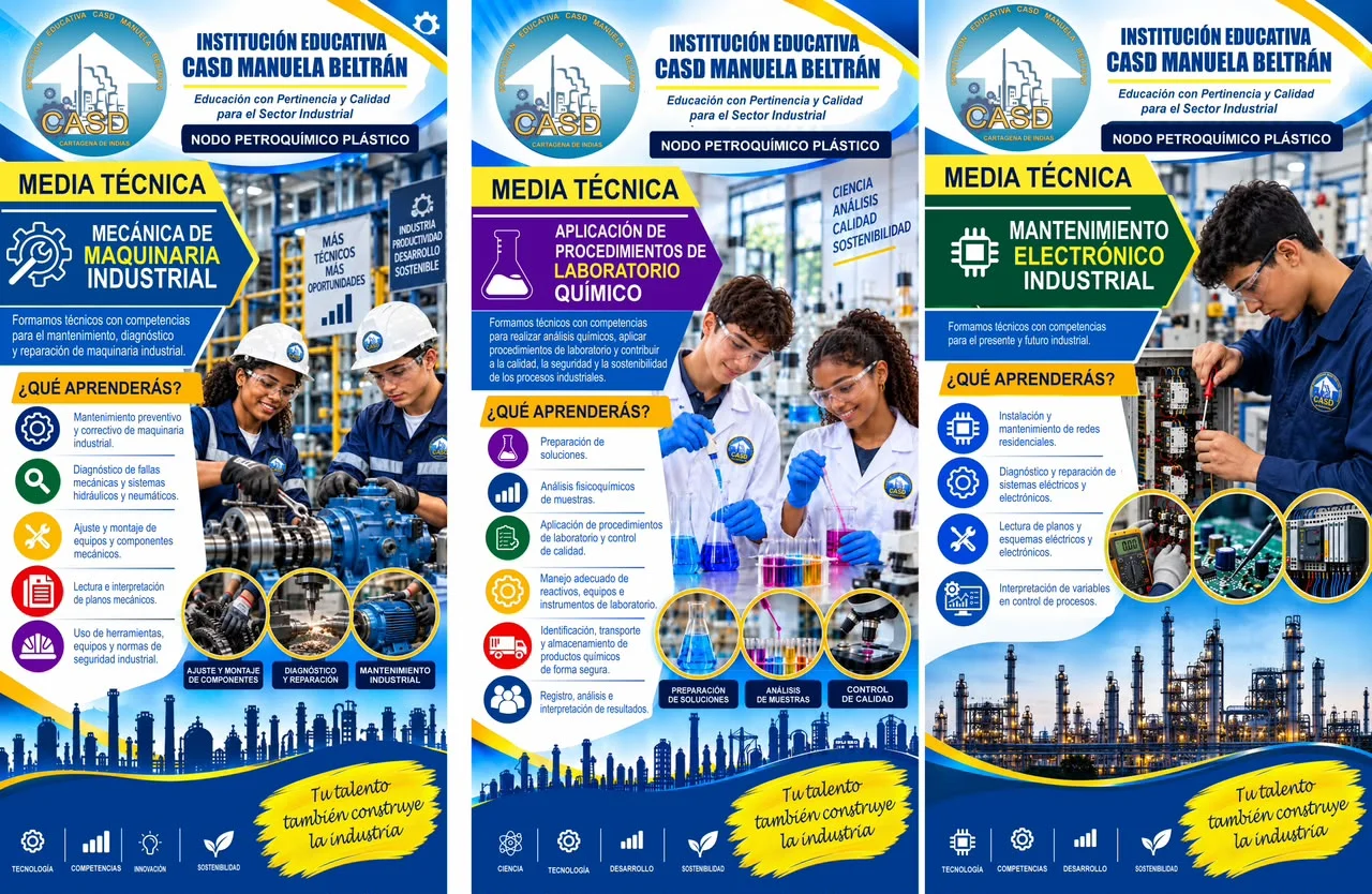 Muestra institucional Media Técnica: Mecánica de Maquinaria Industrial, Laboratorio Químico y Mantenimiento Electrónico Industrial